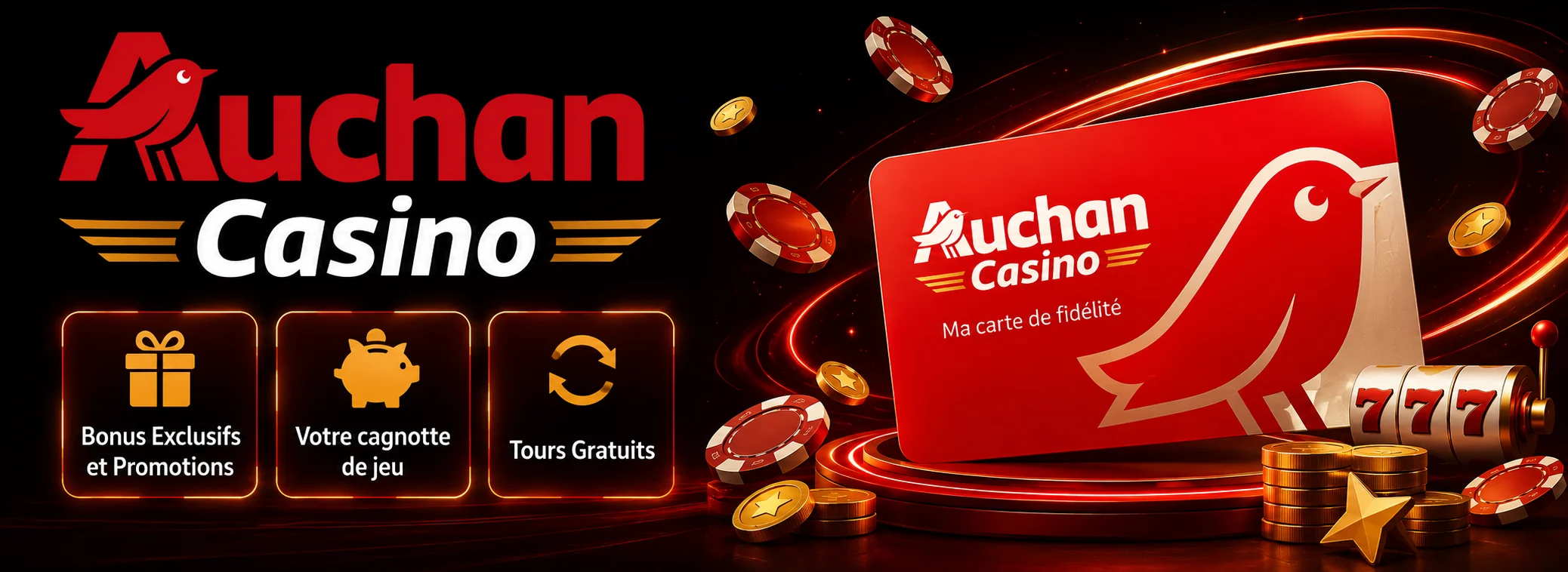 Bannière du casino en ligne Auchan avec le bonus de bienvenue de 500 € et 150 tours gratuits